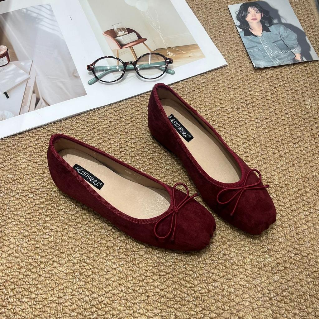 French Inner Heightening Suede Ballet Single Shoes Women's Shoes 2025 New Spring and Autumn Bow Red Evening Shoes