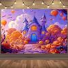One Halloween castle backdrop fabric, featuring elements of pumpkins, bats and balloons - suitable for birthday parties