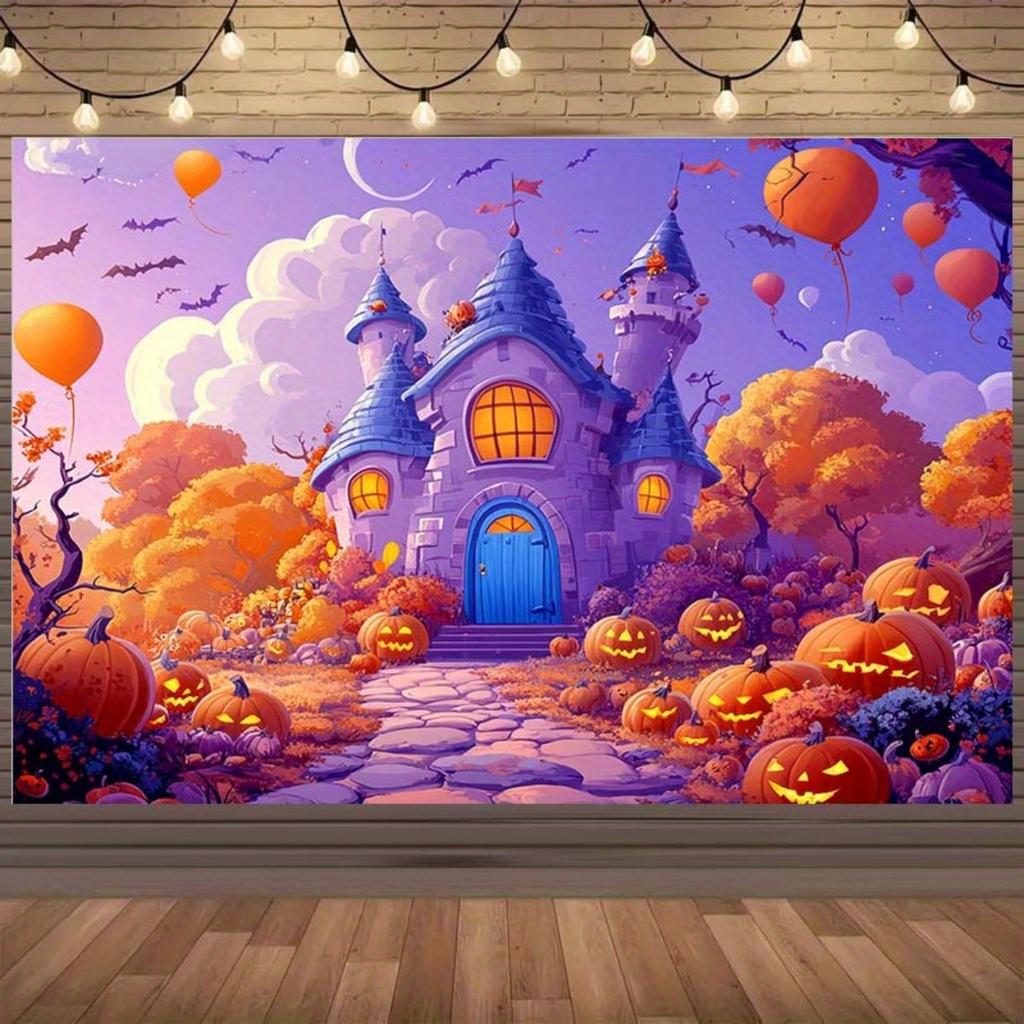 One Halloween castle backdrop fabric, featuring elements of pumpkins, bats and balloons - suitable for birthday parties