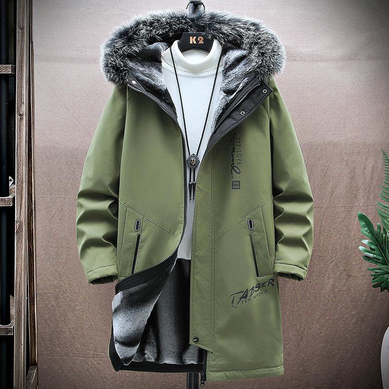 Men's Winter Fleece-Lined Hooded Mid-Length Printed Cotton Coat - Trendy & Warm Casual Jacket