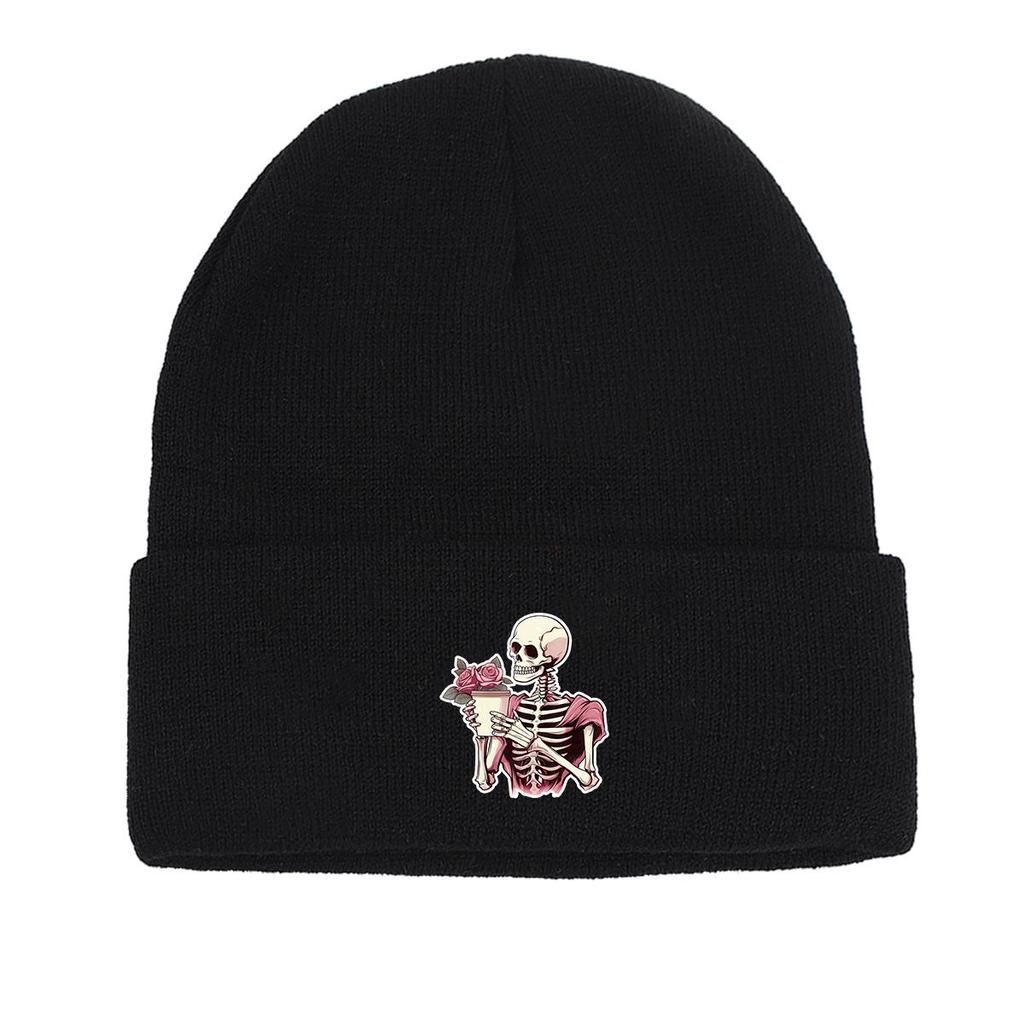 Skeleton Flower Print Knitted Hat Beanie, Woman Cap Windproof Lightweight Sporting Headwear Knit Cap Beanie