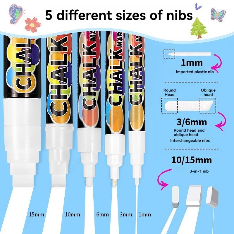 5 шт./набор Белые меловые маркеры - Жидкие маркеры для доски, Белый жидкий меловой маркер для окон, стекла - Наконечники 1, 3, 6, 10, 15 мм