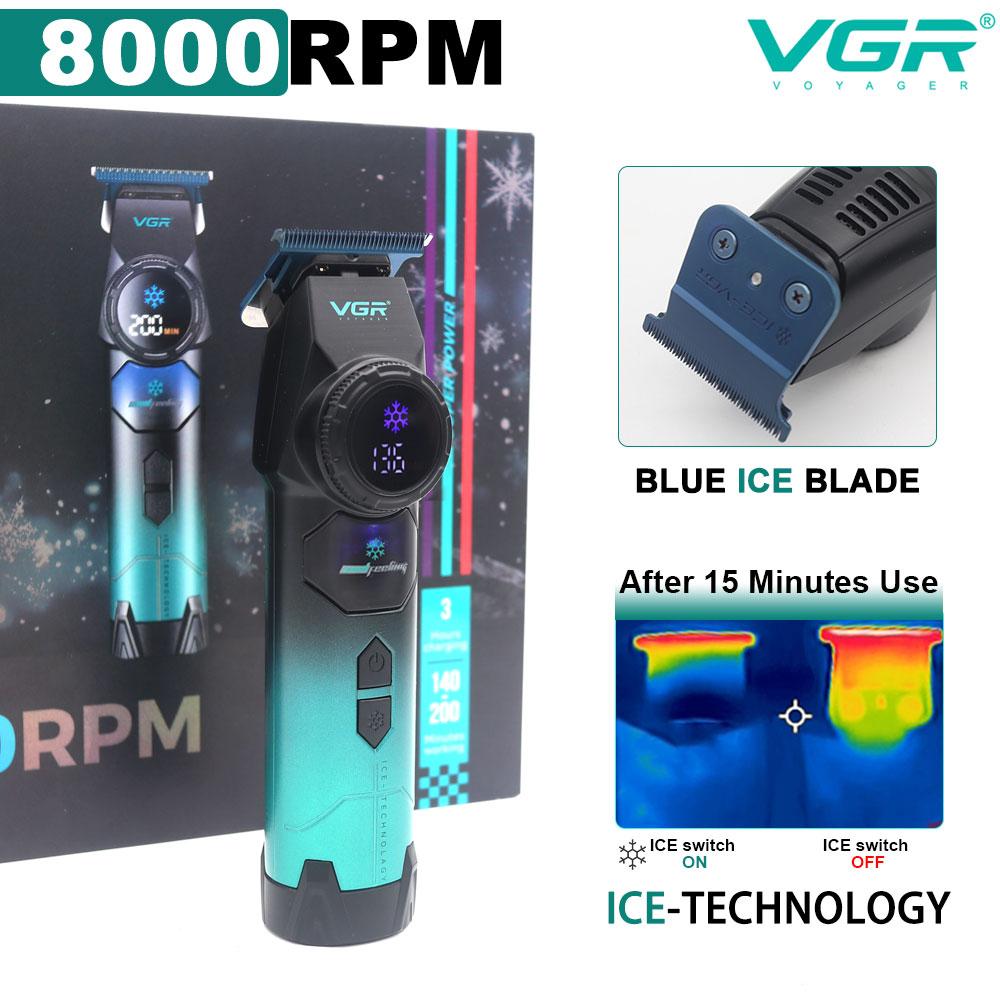 VGR V-946 Ice Tech Бесколлекторный мотор 8000 об/мин Металлический корпус DLC Синее лезвие 0 мм Профессиональная машинка для стрижки волос для парикмахера Машинка для стрижки с маслом для головы Стрижка волос