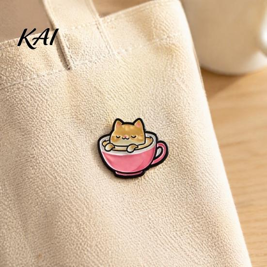 Zinc Alloy Brooch Cartoon Coffee Cup Cat Brooch, Kitten Enamle Lapel Pin, Animal Daily Outfit Theme Badge, Clothing Accessories for Lovers Jackets