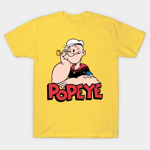 Men Black Print T-shirt Popeye The Sailor No-Cut Heat Transfer Print Cotton Tshirt