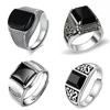 New Silver Advanced Creative Geometric Diamond Inlaid Black Agate Gemstone Men's Lady Domineering Exaggerated Adjustable Ring