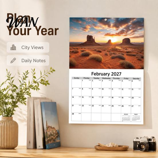 Wall Mounted Note Taker 2027 Calendar, Buildings/Beaches/Cats/Dogs 12 Monthly Planner, January - December Yearly Schedule Tracker Hanging Calendar