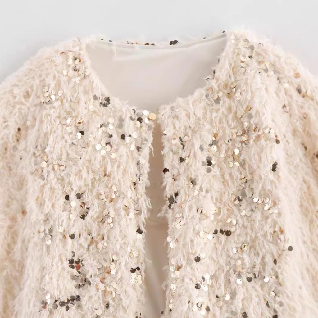 Short Feather Sequins Knitted Cardigan Women Temperament Elegant Round Neck Long-sleeved Jacket