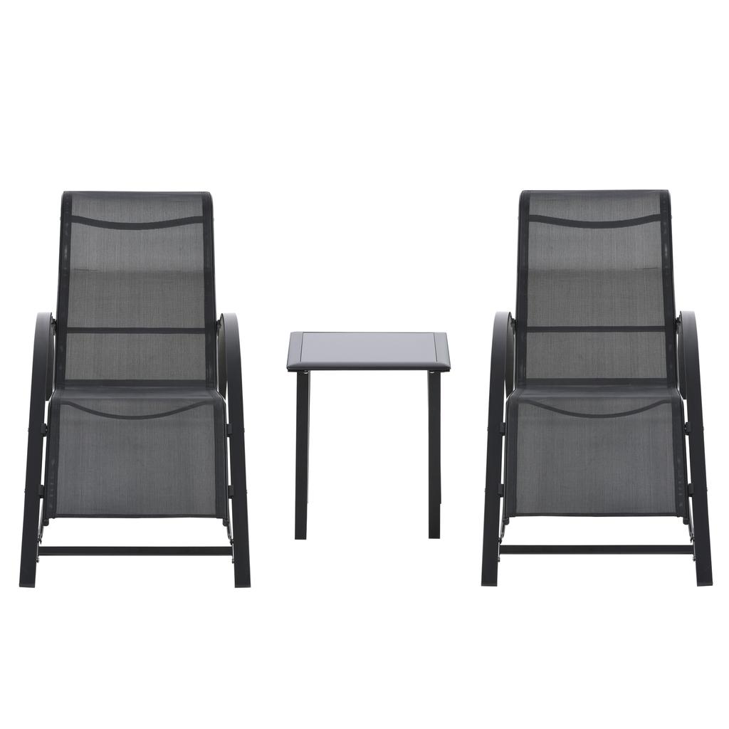 Set of 2 Sun Loungers Contemporary Design Lounge Chairs Coffee Table Tempered Glass Top Epoxy Metal Textilene Black