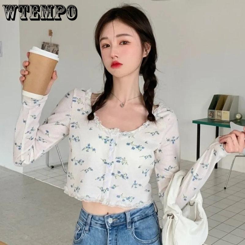 WTEMPO Женские корейские шикарные кардиганы, милые укороченные топы, лоскутные кружевные однобортные топы для девочек, универсальные однобортные топы в стиле ретро