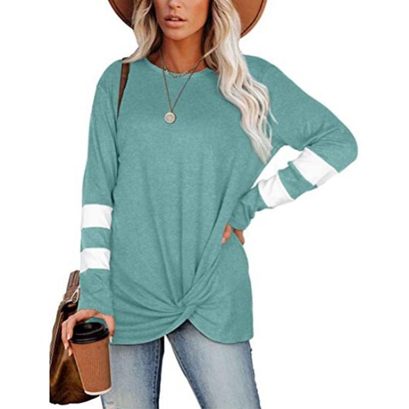 Женская футболка на осень/зиму, круглый вырез, цветной блок, длинный рукав, повседневный топ