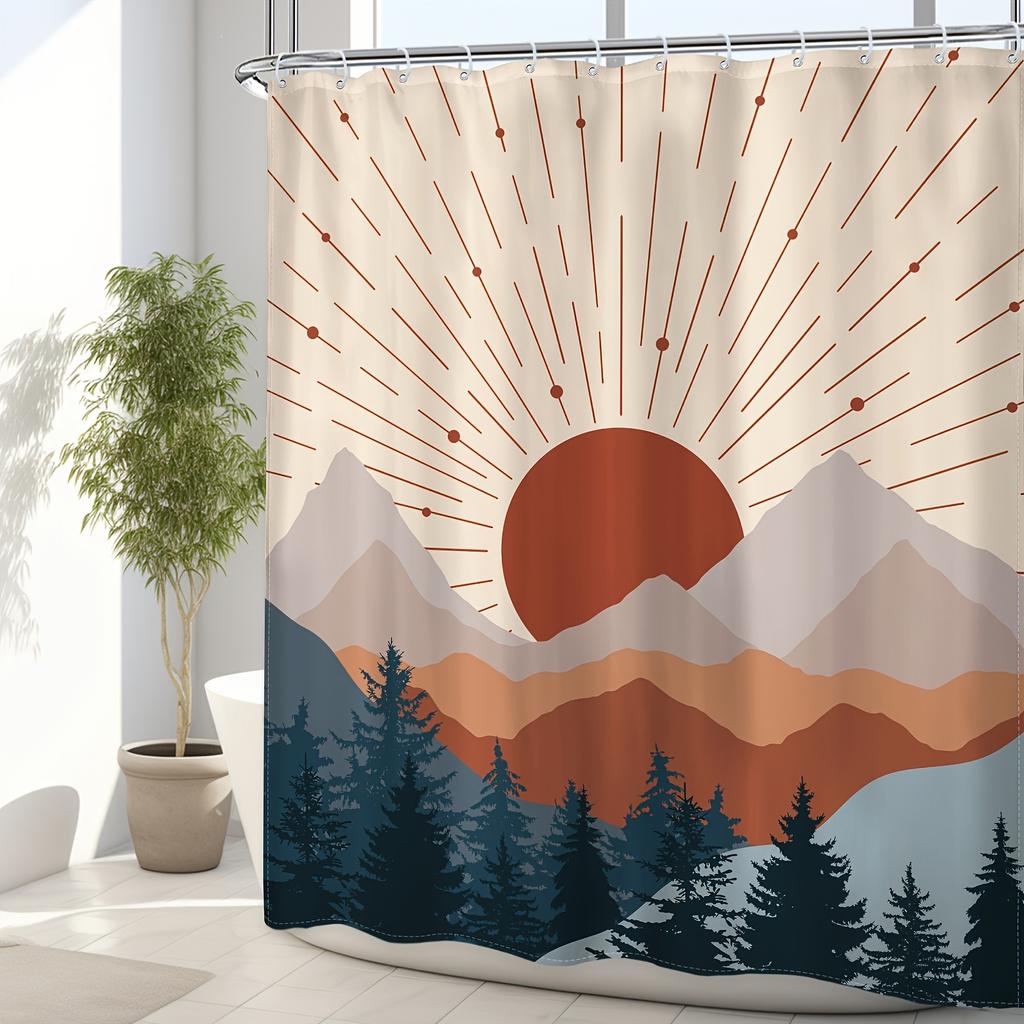 1 шт. Штора для душа в стиле Mid Century Boho с изображением гор - Абстрактный закат, Современный минимализм, Водонепроницаемый полиэстер, 12 крючков