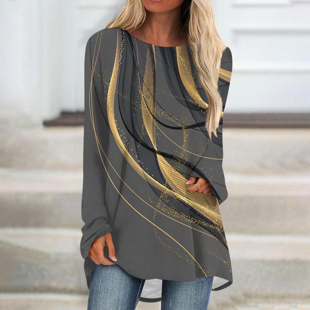 Women's Fashion Casual T-shirt Gradient Long Sleeve Round Neck Medium Long Top