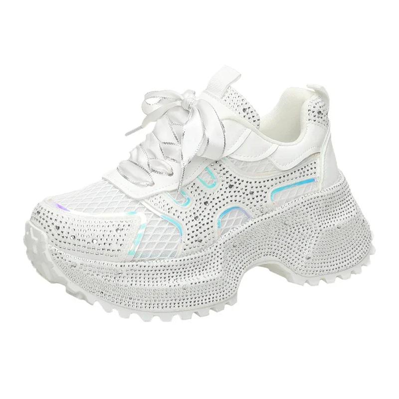 Мода 7см Летние Роскошные Дизайнерские Женские Кроссовки Daddy со Стразами Толстая Подошва Сетка Розовые Милые Женские Тенниски на Платформе Весна