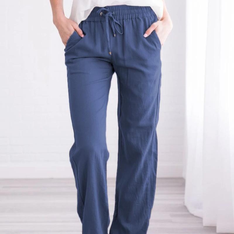 Solid Color Cotton Hemp Drawstring Loose Casual Wide Leg Trousers