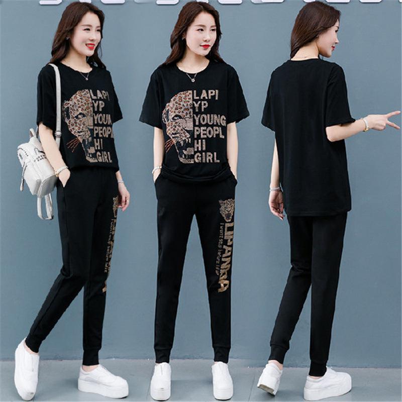 Большой размер модный спортивный костюм женский повседневный антивозрастной ромбовидный топ с короткими рукавами + брюки спортивный костюм из двух частей