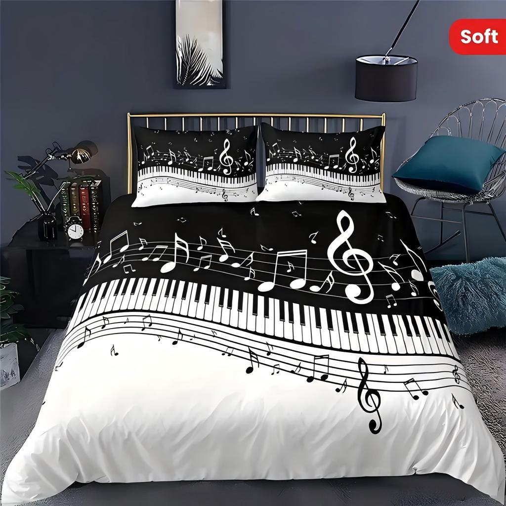 Набор пододеяльников с 3D-печатью в виде клавиш пианино, мягкий домашний текстиль, постельное белье, наволочка, черно-белый стиль с нотами, набор пододеяльников