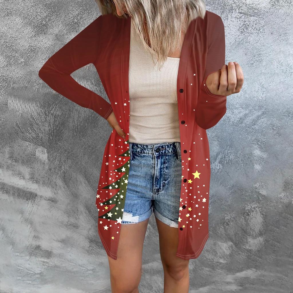 Women's Fashion Casual Long-sleeved Print Medium Length Cardigan Button Jacket Coat