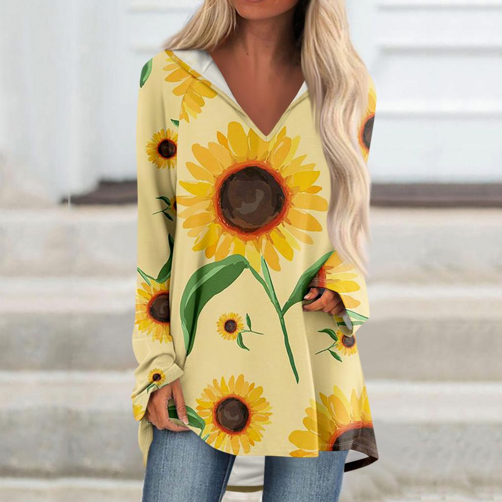 Women's V-neck Hooded Loose Long-sleeved Tops Casual Tops Home Leisure Pajamas Tops