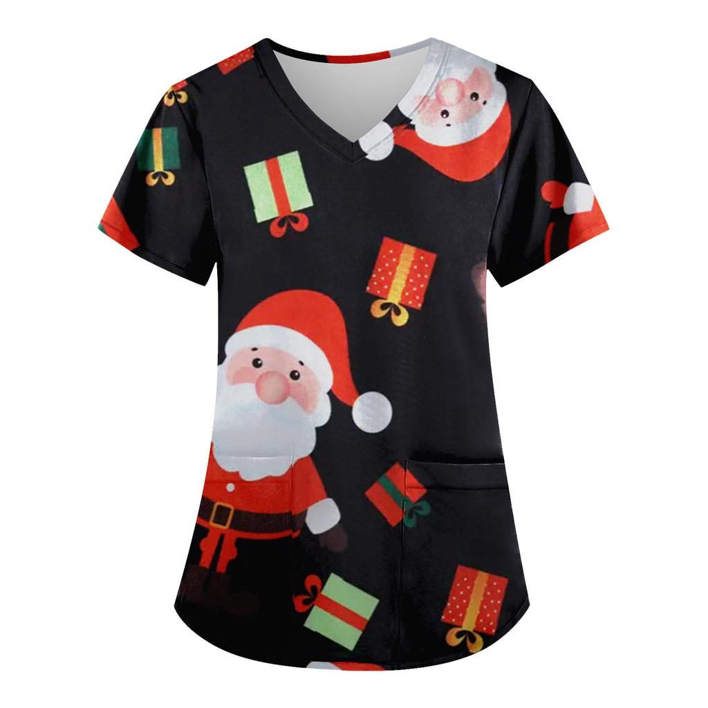 Women's Fashion V-neck Short Sleeve Workwear With Pockets Christmas Printed Tops
