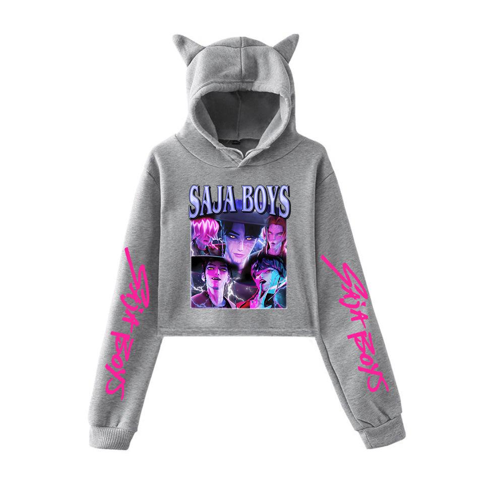 K-pop Охотники на демонов Принтованное женское худи Кошачьи ушки Длинный рукав Укороченные топы Saja Boys Тренд Харадзюку Уличная одежда Женская одежда