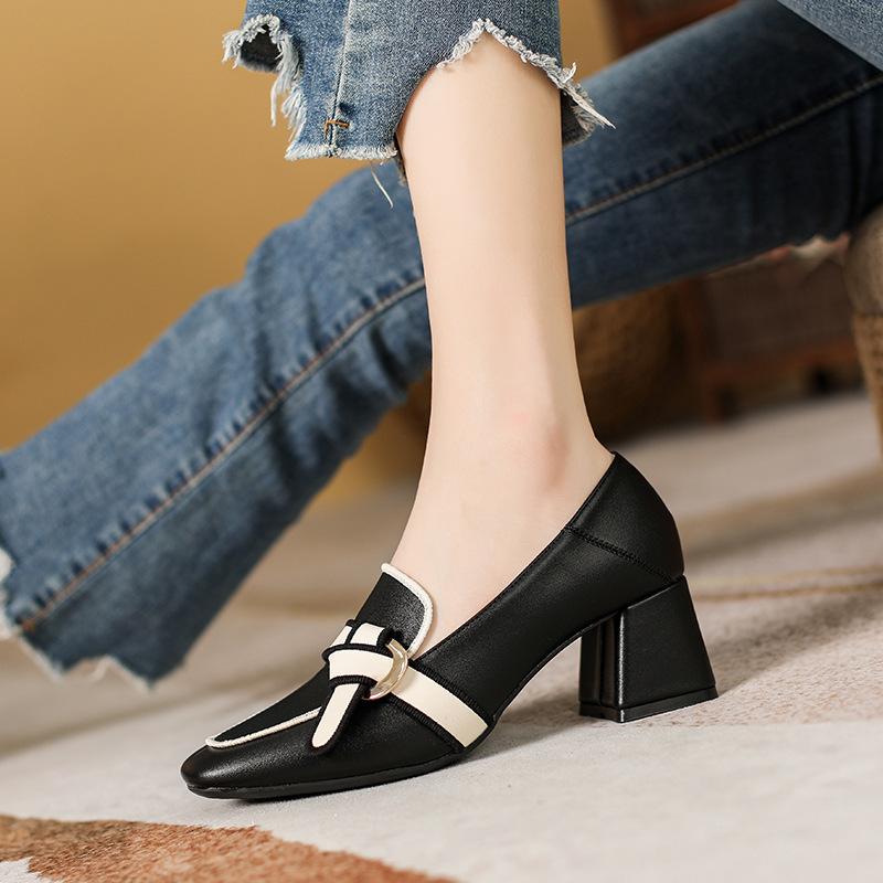 Корейская универсальная кожаная женская обувь для собеседования для девушек с квадратным носком для работы в стиле «маленький аромат» на толстом каблуке с увеличенной высотой туфли Мэри Джейн