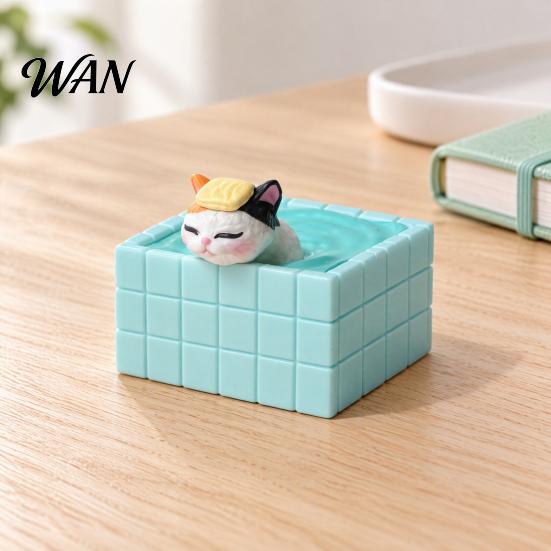 Unique Desktop Ornament for Cat Lovers Cute Bathing Figurine, Mini Kitten in Blue Bathtub Statue, Micro Landscape Small Sculpture Home Fairy