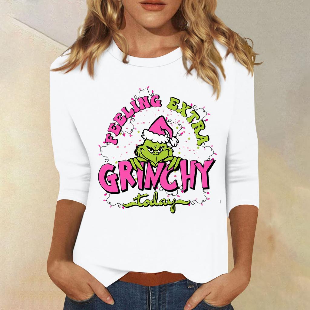 3/4 Sleeve Tops For Women T-Shirt Casual Christmas Print Tops T Shirt Round Neck Pullover Blouse