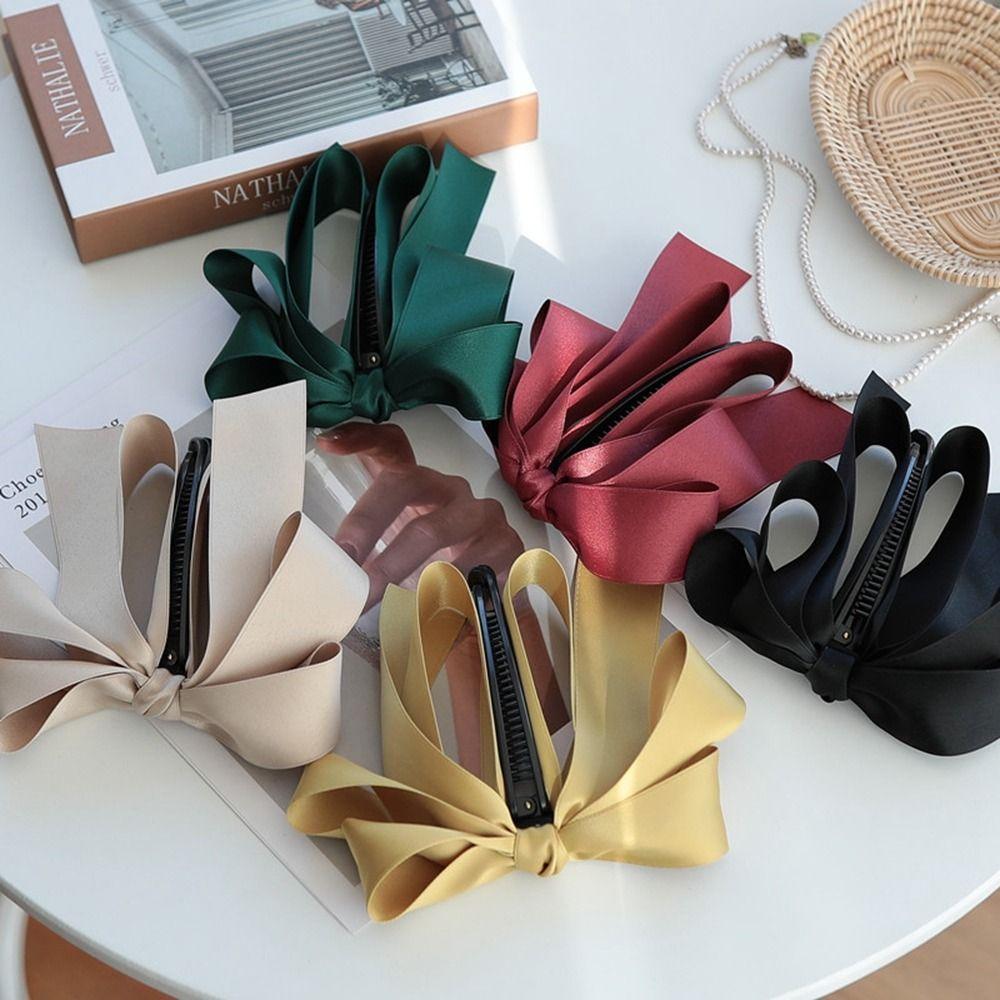 Satin High Ponytail Fixed Ribbon Girls Hairpin Banana Clip Bow Headwear Korean Style Hair Clip