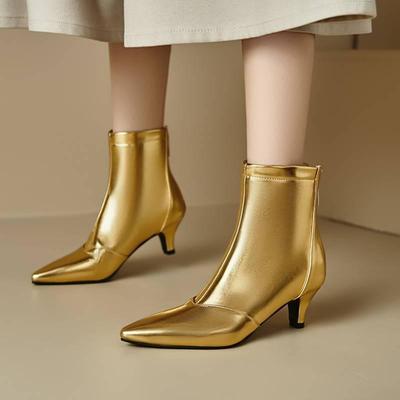 Корейская версия женских модных туфель на среднем каблуке с задней молнией, однотонные туфли-стилеты с острым носком, полусапоги средней длины, осенне-зимние, из лакированной кожи, модные