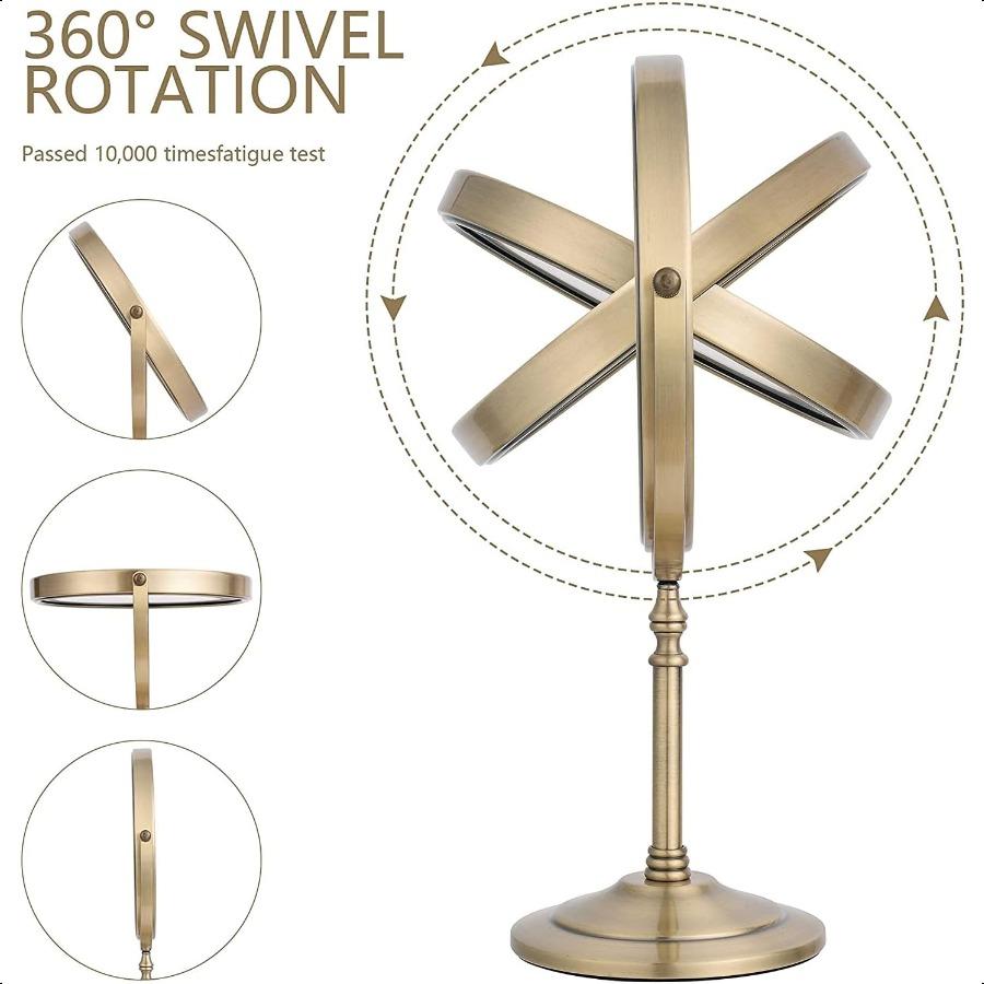 Античное латунное зеркало для макияжа 1X 10X Свободностоящее 8 дюймов Вращающееся на 360 градусов Двустороннее настольное зеркало для макияжа Металл