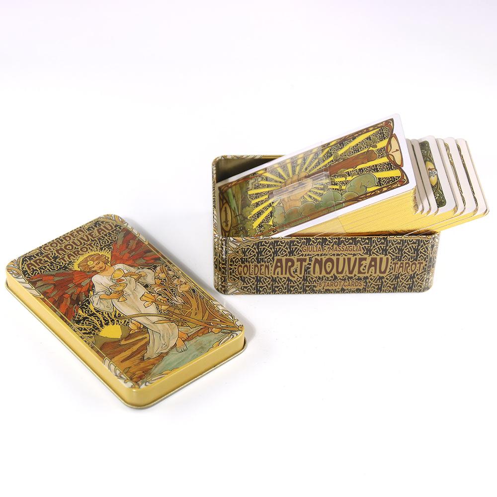 Golden Art Nouveau Tarot Deck In A Tin Box Gilded Edge for Fortune Telling Game Card