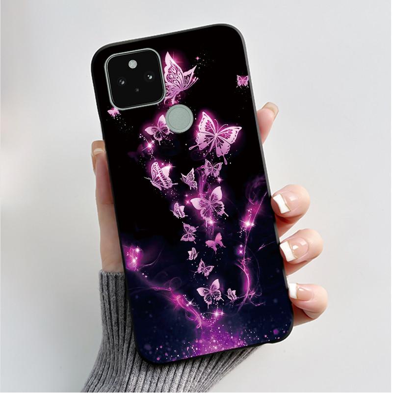 Силиконовый чехол для Google Pixel 5 Pixel 5A Pixel5 Pixel5A Мягкий чехол Роскошная мода Бабочки Цветы Нарисованный Черный чехол для телефона
