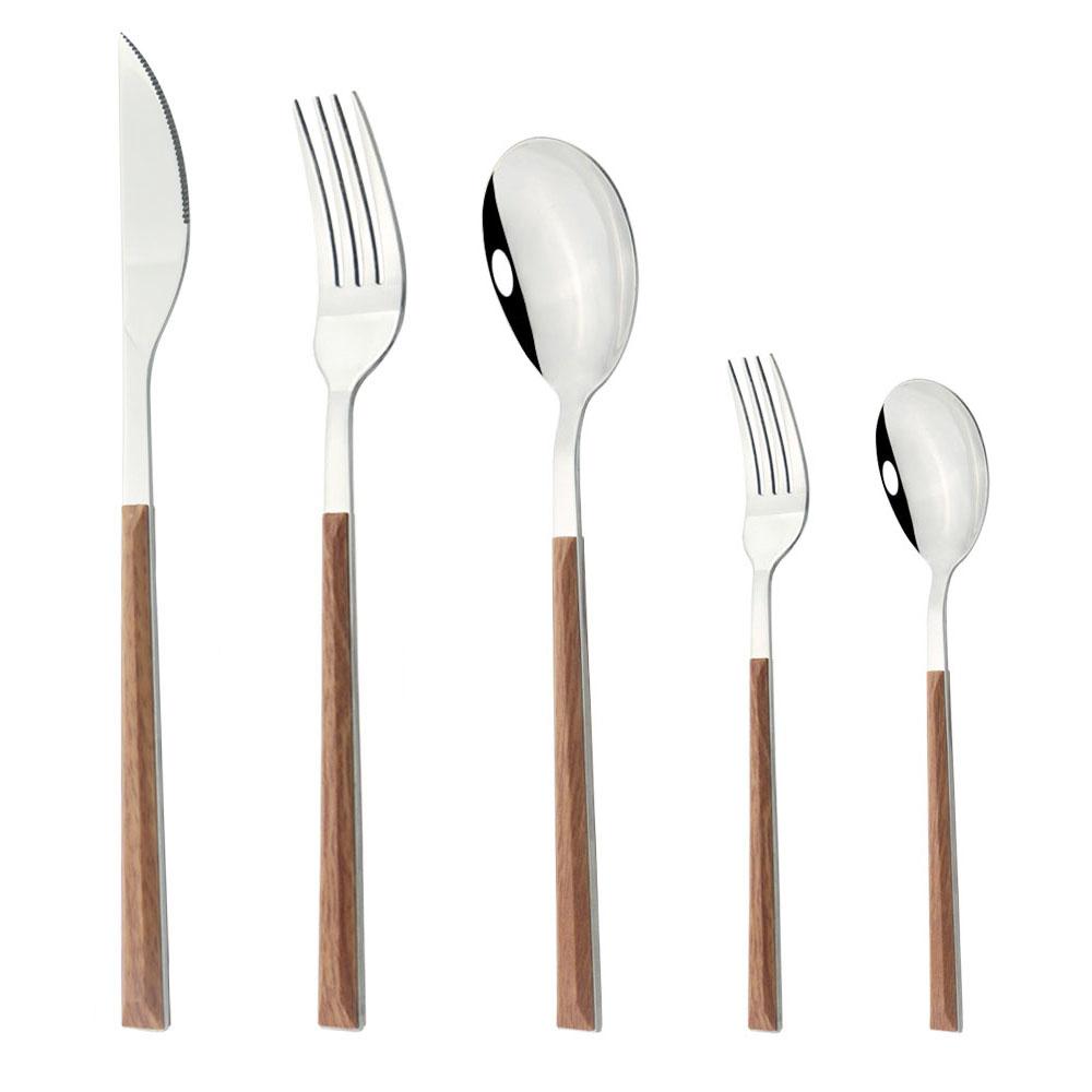 5/20 шт., набор столовых приборов из нержавеющей стали с зеркальной полировкой, вилки, ножи, ложки, ручка с эффектом искусственного дерева, кухонное серебро, набор столовой посуды