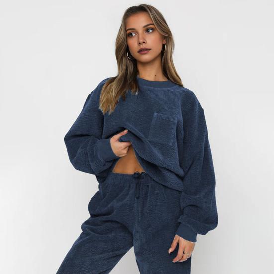 2 шт./комплект женский топ брюки комплект круглый вырез длинный рукав эластичные манжеты толстовка чистый цвет эластичный