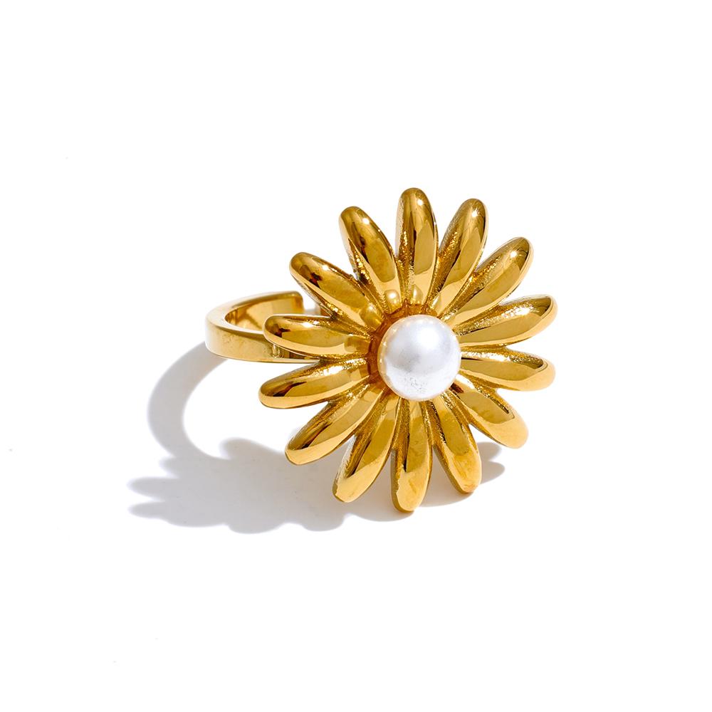 Yhpup Imitation Pearl Sunflower Adjustable Ring Fashion Popular Stainless Steel Chic Women Jewelry Gold Platinum PVD Plated