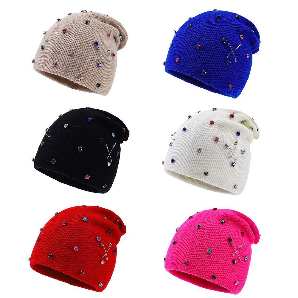 Windproof Winter Hat Colored Rhinestone Knitted Pullover Cap Casual Beanie Hat for Women