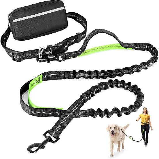 Hands Free Dog Leash with Zipper Pouch, Retractable Bungee Waist Leash with Dual Padded Handles & Waist Belt Fanny Pack for Medium & Large Dog
