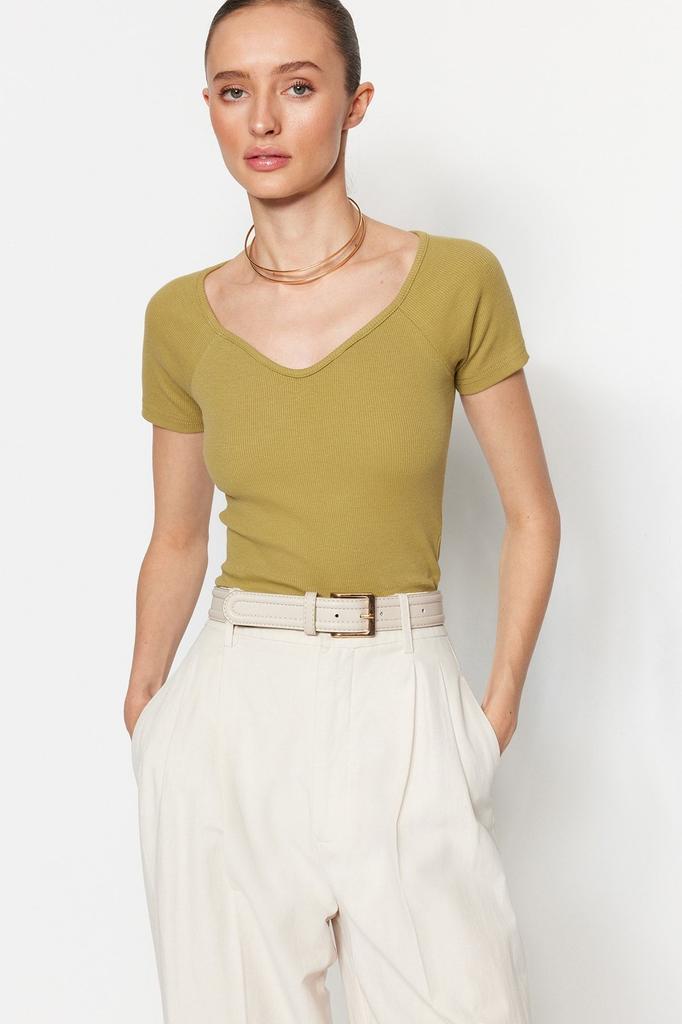 Женская модная зеленая хлопковая эластичная трикотажная блузка со шнурком