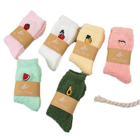 Women's Mid-Calf Coral Fleece Knitted Socks Japanese Style Fruit Embroidery Plush Winter Solid Color Thick Breathable Thermo