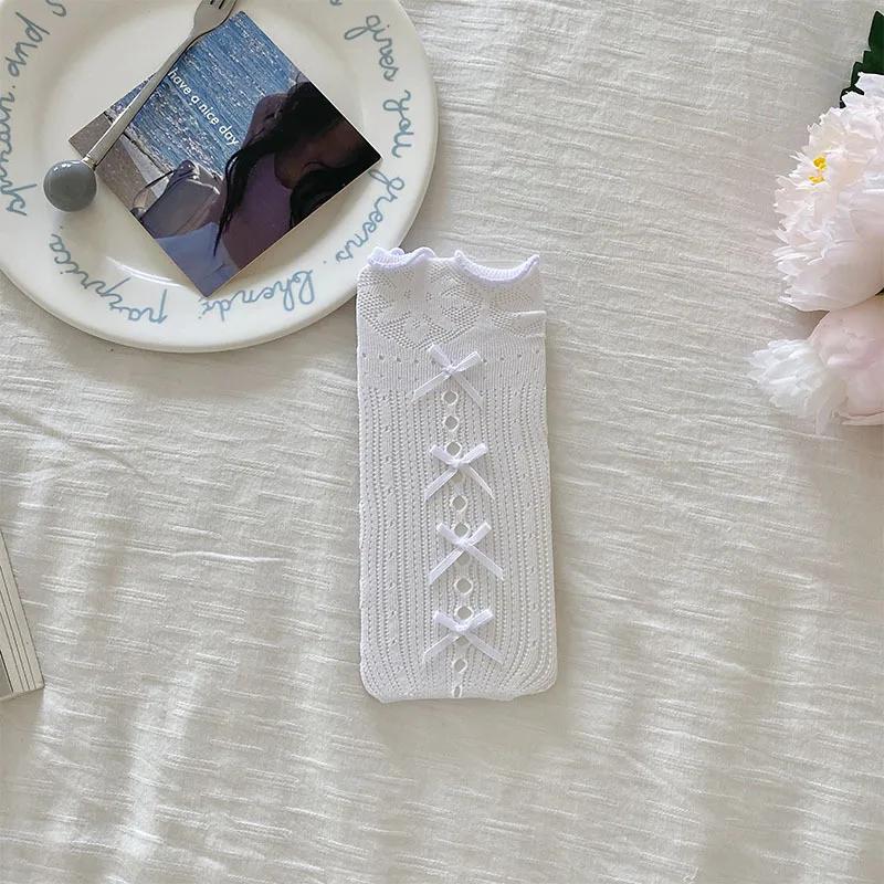 Сетчатые чулки Lolita Kawaii кружевные носки с оборками ажурные гольфы милые бантики JK Sweet Girls длинные носки женские чулки