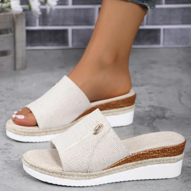 Summer Shoes for Women 20244 Rome Hemp Peep Toe Women's Wedge Slippers Outdoor Comfort Casual Ladies Slides Shoes Female Sandals