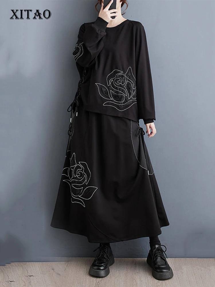 Xitao Casual Black Dress Sets Fashion Loose Top Skirt Two Pieces Sets Asymmetrical Draw String DMJ3107