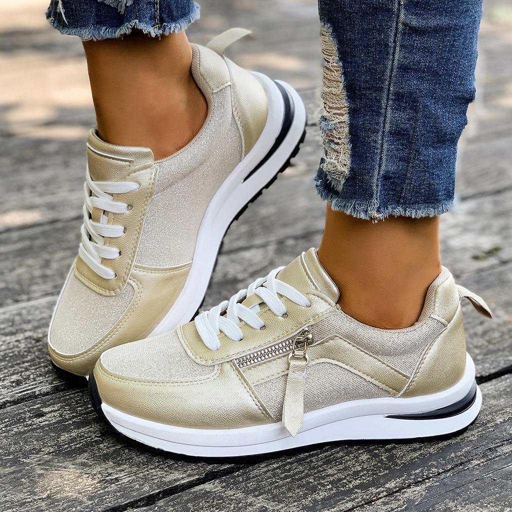 Повседневные дышащие сетчатые кроссовки на шнуровке для женщин 2025 осенняя мода, украшенные молнией, кроссовки для бега на мягкой танкетке