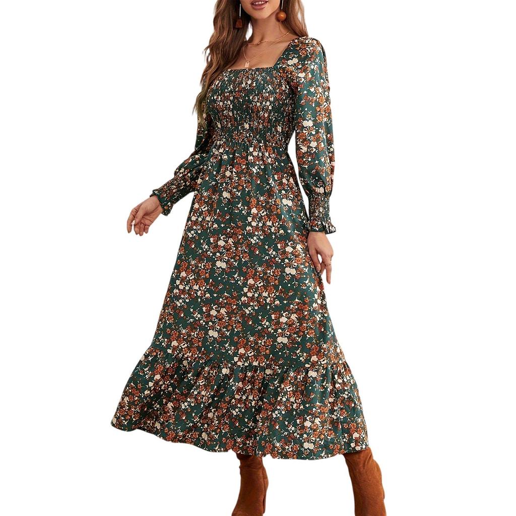 Женское платье с цветочным принтом, квадратным вырезом, длинными рукавами и оборкой по низу