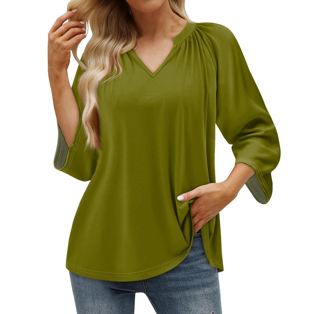 Women's Summer Casual 3/4 Sleeve T-Shirt Solid V Neck Pullover Top
