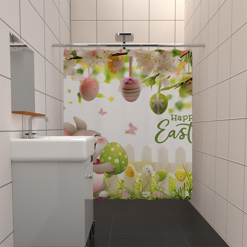 1PC Easter Bunny Easter Egg Decoration Shower Curtain, Playful rabbit theme With 12 hooks,Spring Holiday Bathroom Decoration