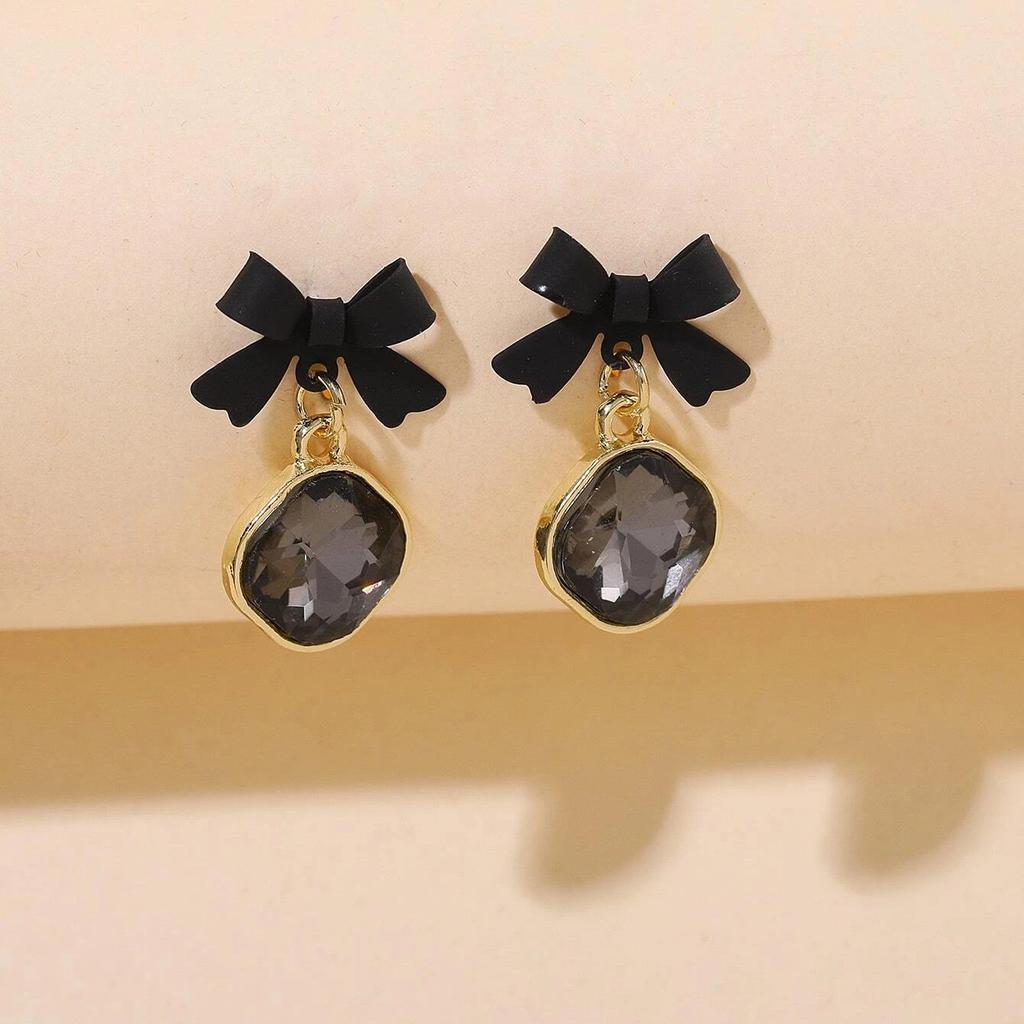 Stylish Black Bow Square Earrings, Gemstone Fashion Temperament Simple Geometric Stud Earrings