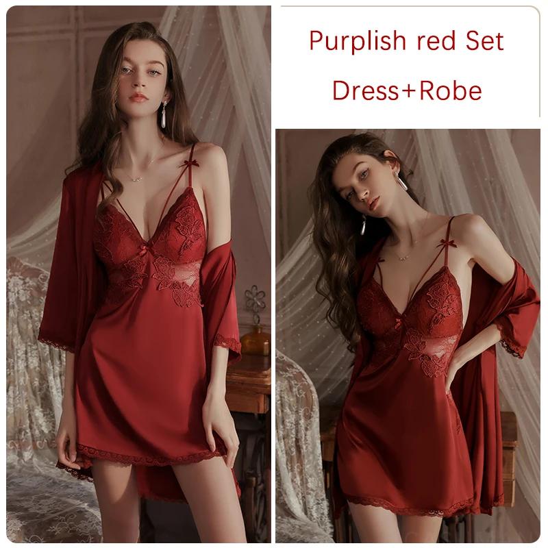 Silk Pajamas Women's Nightgown Set Slip Dress with Push Up Bra Sexy Women's Pajamas