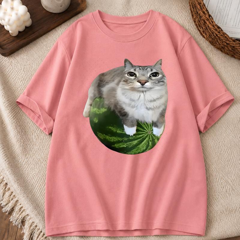 Watermelon Cat Shirts Unisex Unisex Silly Cat Meme TShirt Funny Cat Meme Retro TShirt Funny Meme Round Neck Short Sleeve Tee